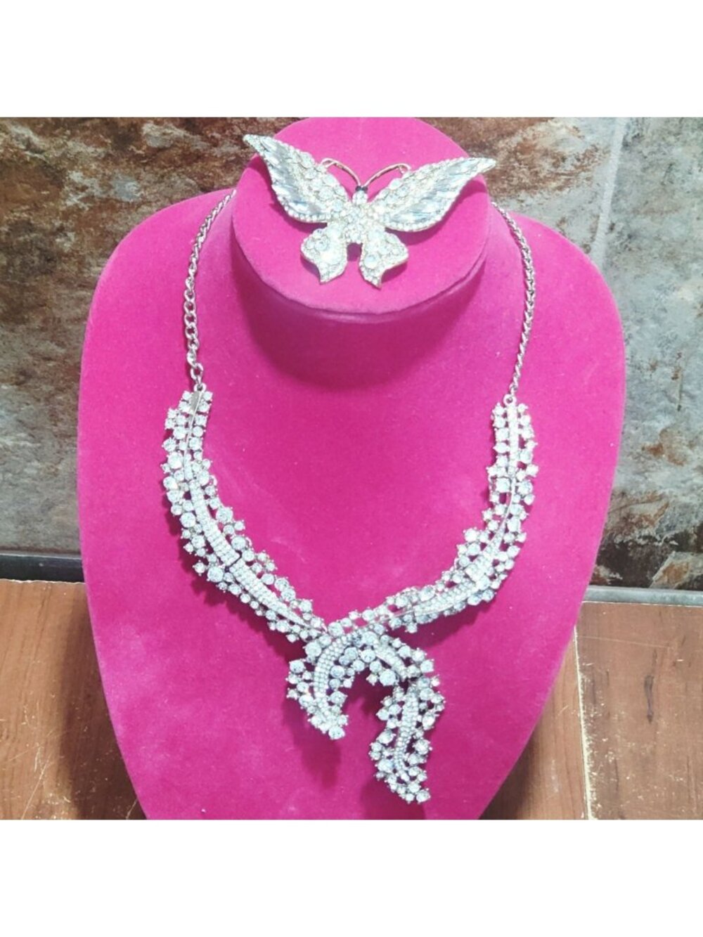 Silver Tone Rhinestone Bib Necklace Butterfly Brooch Hair Clip Bridal Jewelry Se